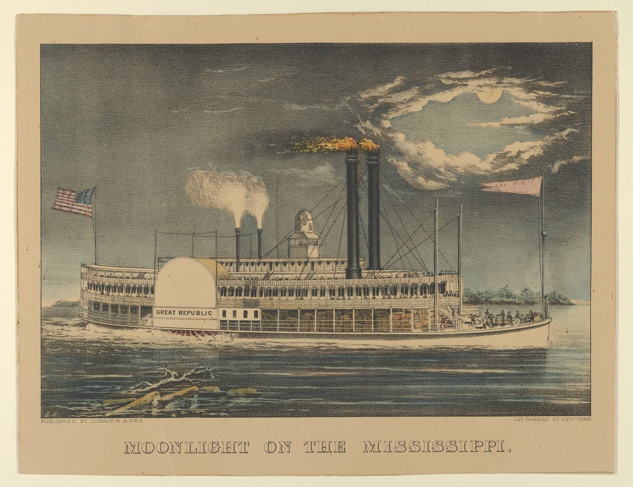 Holdfény a Mississippin, 1872-74., 1872-74. Alkotók: Nathaniel Currier, James Merritt Ives, Currier és Ives. alkotó: Currier and Ives