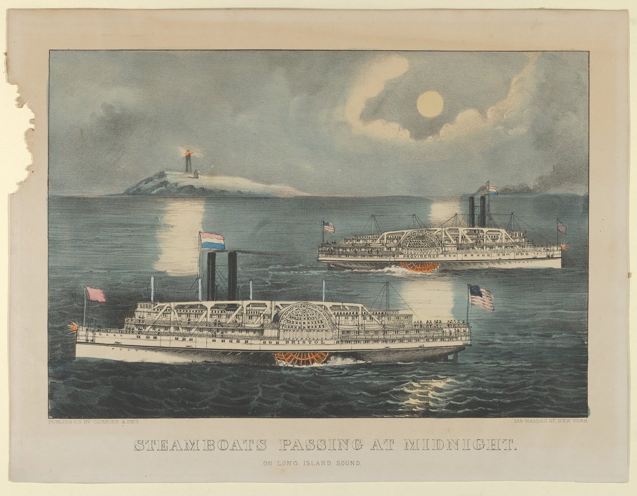 Éjfélkor elhaladó gőzhajók – Long Island Soundon, 1872–74., 1872–74. Alkotók: Nathaniel Currier, James Merritt Ives, Currier és Ives. alkotó: Currier and Ives