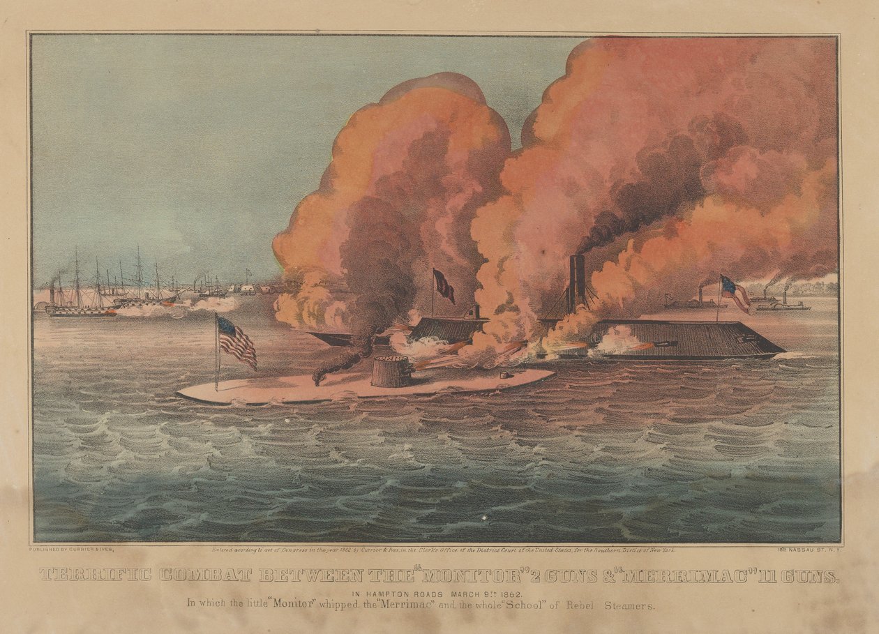 Remek harc a monitor között 2 Guns & Merrimac 11 Guns – Hampton Roads March..., 1862. Alkotók: Nathaniel Currier, James Merritt Ives, Currier és Ives. alkotó: Currier and Ives
