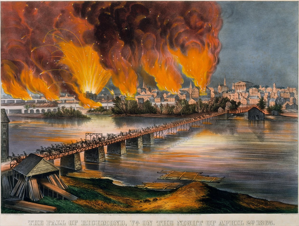 Richmond bukása, Virginia, 1865., 1865., 1865. április 2-i éjszakán. Alkotók: Nathaniel Currier, James Merritt Ives, Currier és Ives. alkotó: Currier and Ives