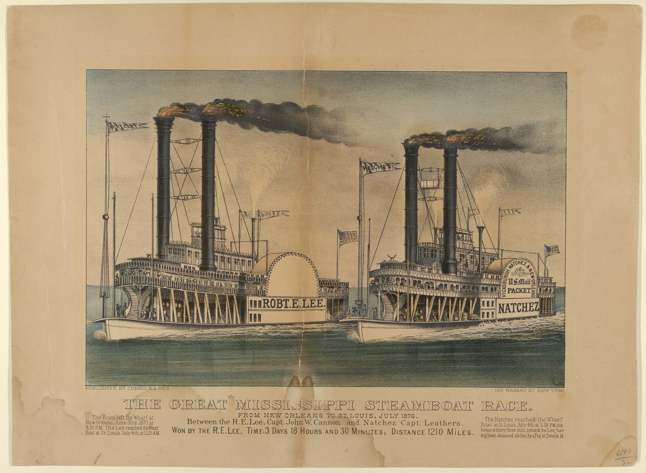 The Great Mississippi Steamboat Race – New Orleanstól St. Louisig, 1870. július – T... között, 1872–74. Alkotók: Nathaniel Currier, James Merritt Ives, Currier és Ives. alkotó: Currier and Ives