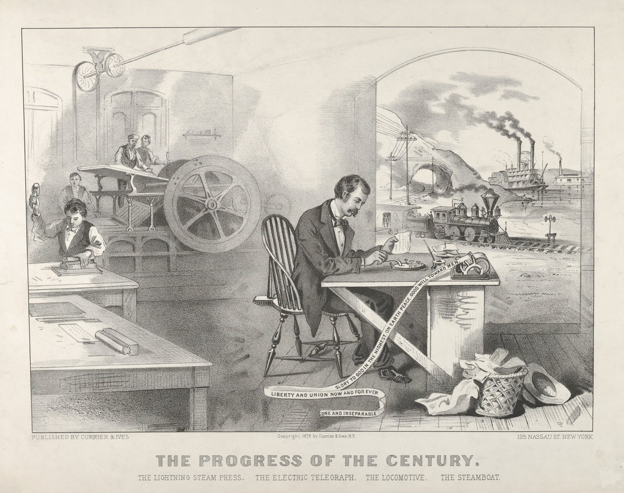 Az évszázad előrehaladása – A villámgőznyomó. Az elektromos távíró. The Locom..., 1876. Alkotók: Nathaniel Currier, James Merritt Ives, Currier és Ives. alkotó: Currier and Ives
