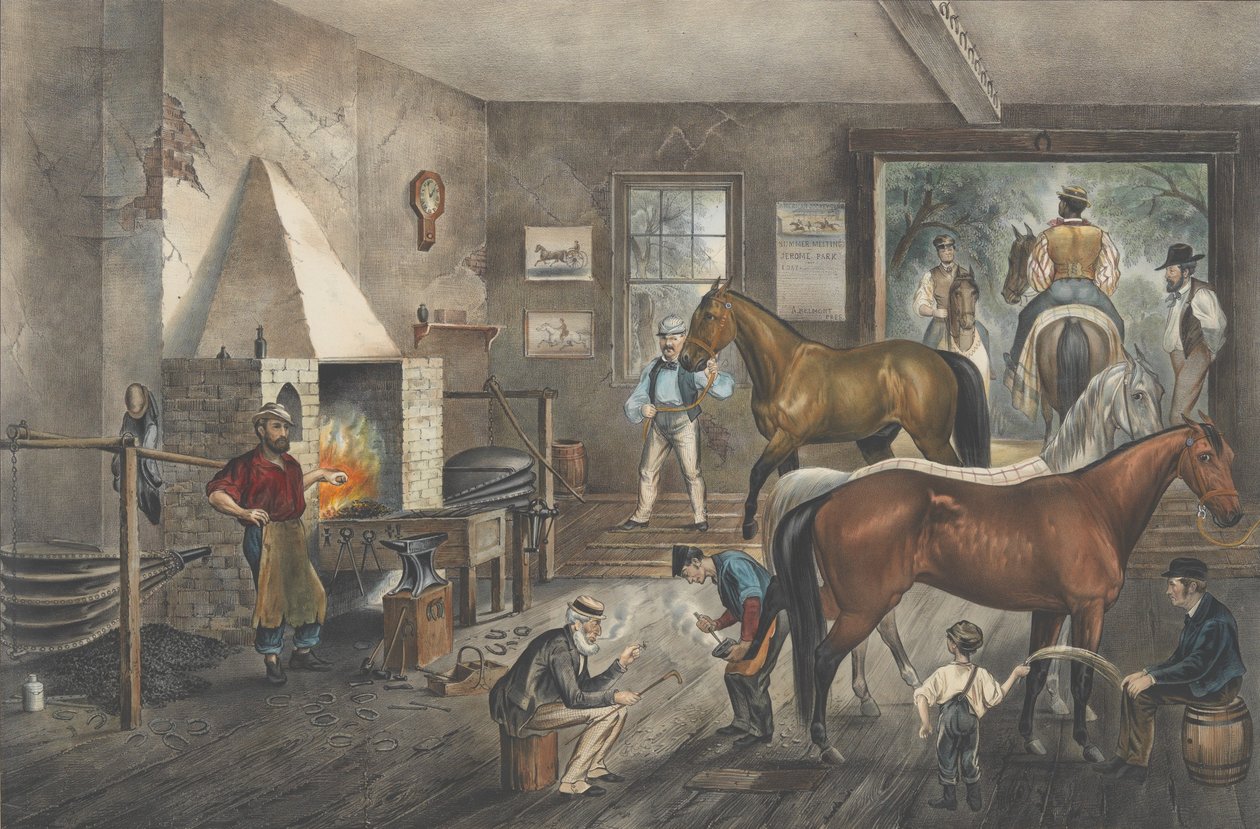 Ügető repedések a Kovácsnál, 1869., 1869. Alkotók: Nathaniel Currier, James Merritt Ives, Currier és Ives. alkotó: Currier and Ives