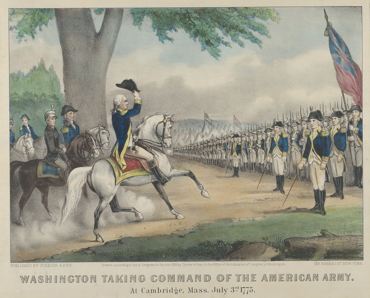 Washington átveszi az amerikai hadsereg parancsnokságát – Cambridge-ben, Massachusetts államban, 1876. július 3., 17... Alkotók: Nathaniel Currier, James Merritt Ives, Currier és Ives. alkotó: Currier and Ives
