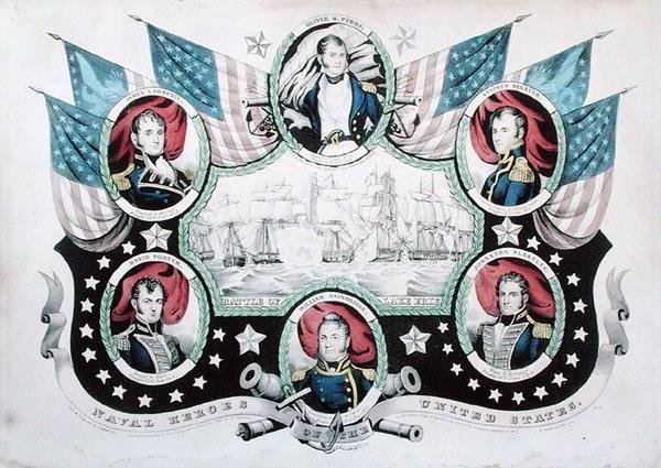 Erie-tói csata az amerikai haditengerészeti hősök portréival alkotó: Nathaniel Currier