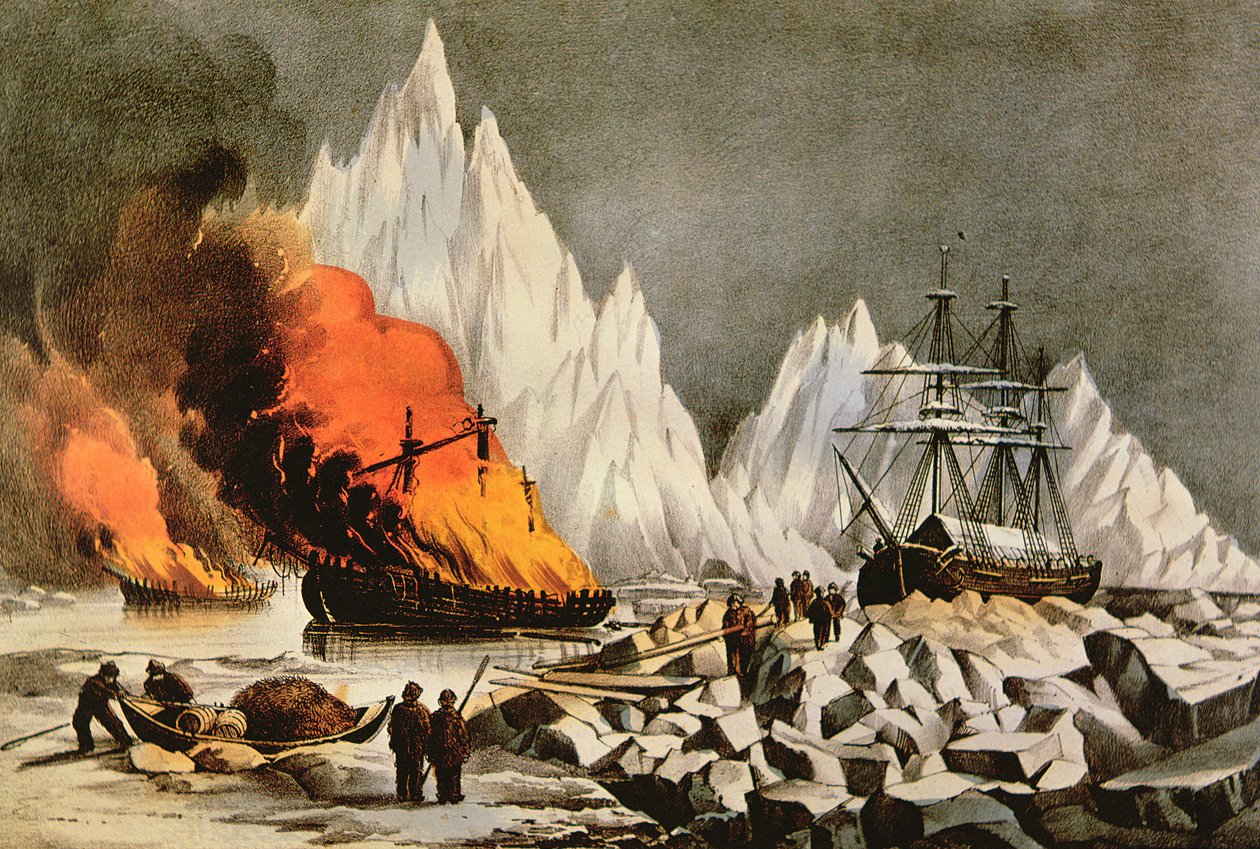 „A roncsok égetése, hogy elkerüljük más hajók veszélyét” (The American Whale Fishery) alkotó: Nathaniel Currier