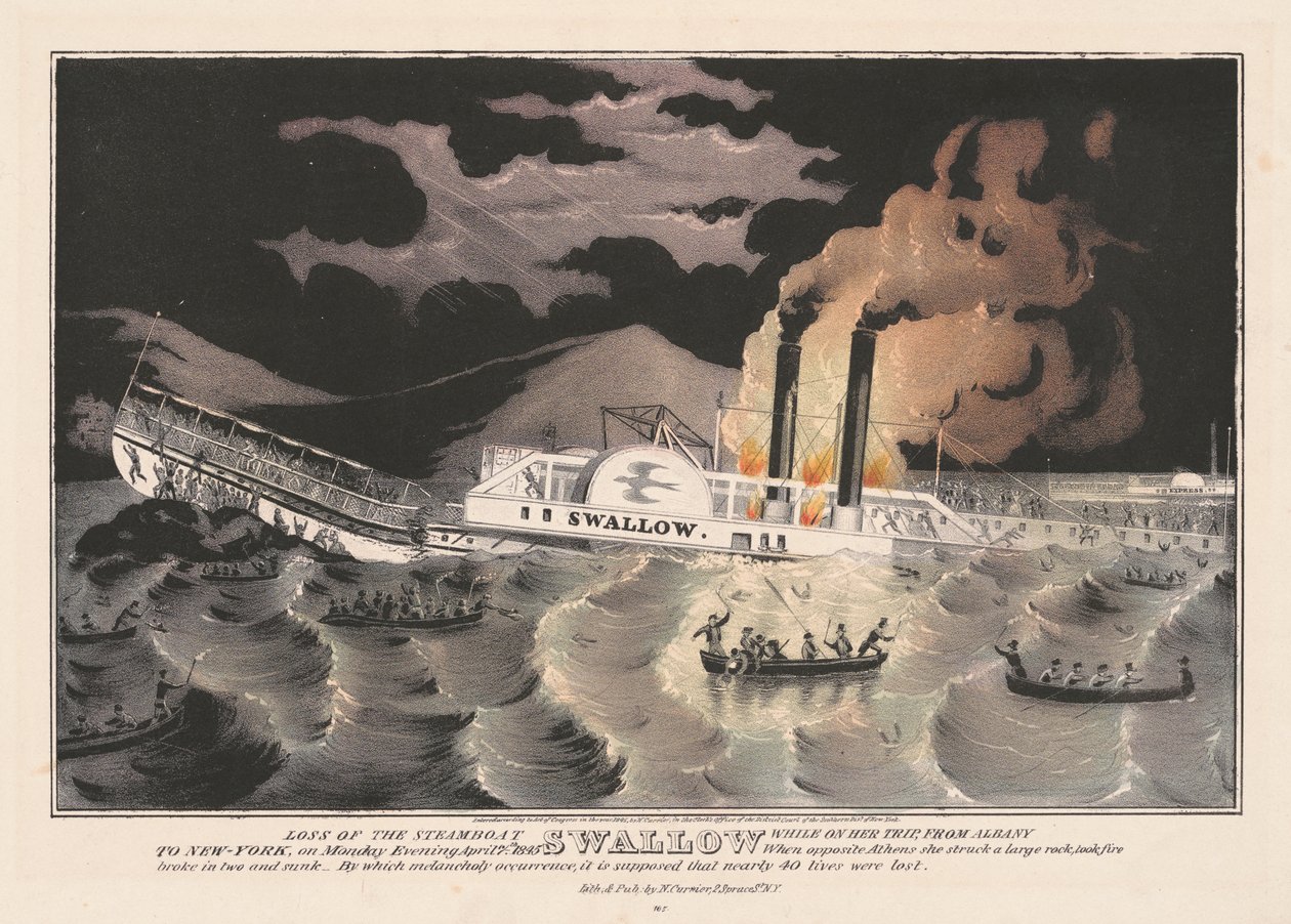 A gőzhajó fecske elvesztése, miközben Albanyból New Yorkba utazott, 1845 alkotó: Nathaniel Currier