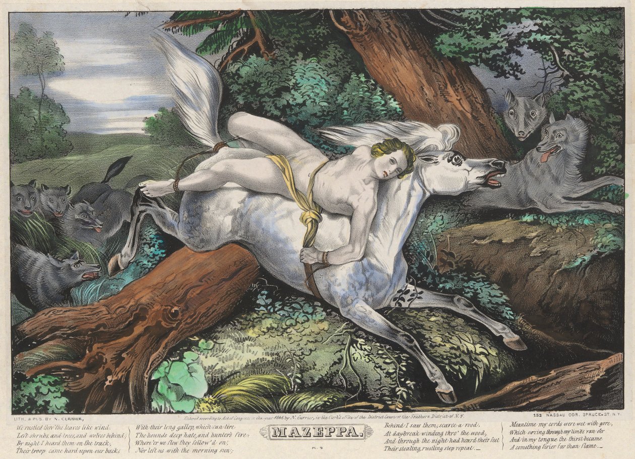 Mazeppa: Négy (4) tányérból álló készlet 2. tányérja (a farkasok üldözik) alkotó: Nathaniel Currier