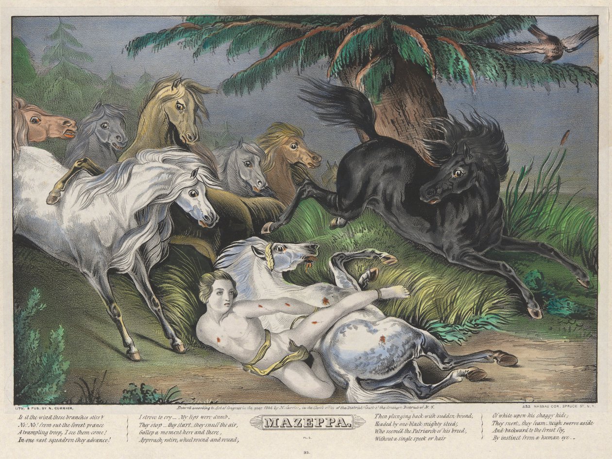 Mazeppa: Négy (4) tányérból álló készlet 3. tányérja (vadlovakkal körülvéve) alkotó: Nathaniel Currier
