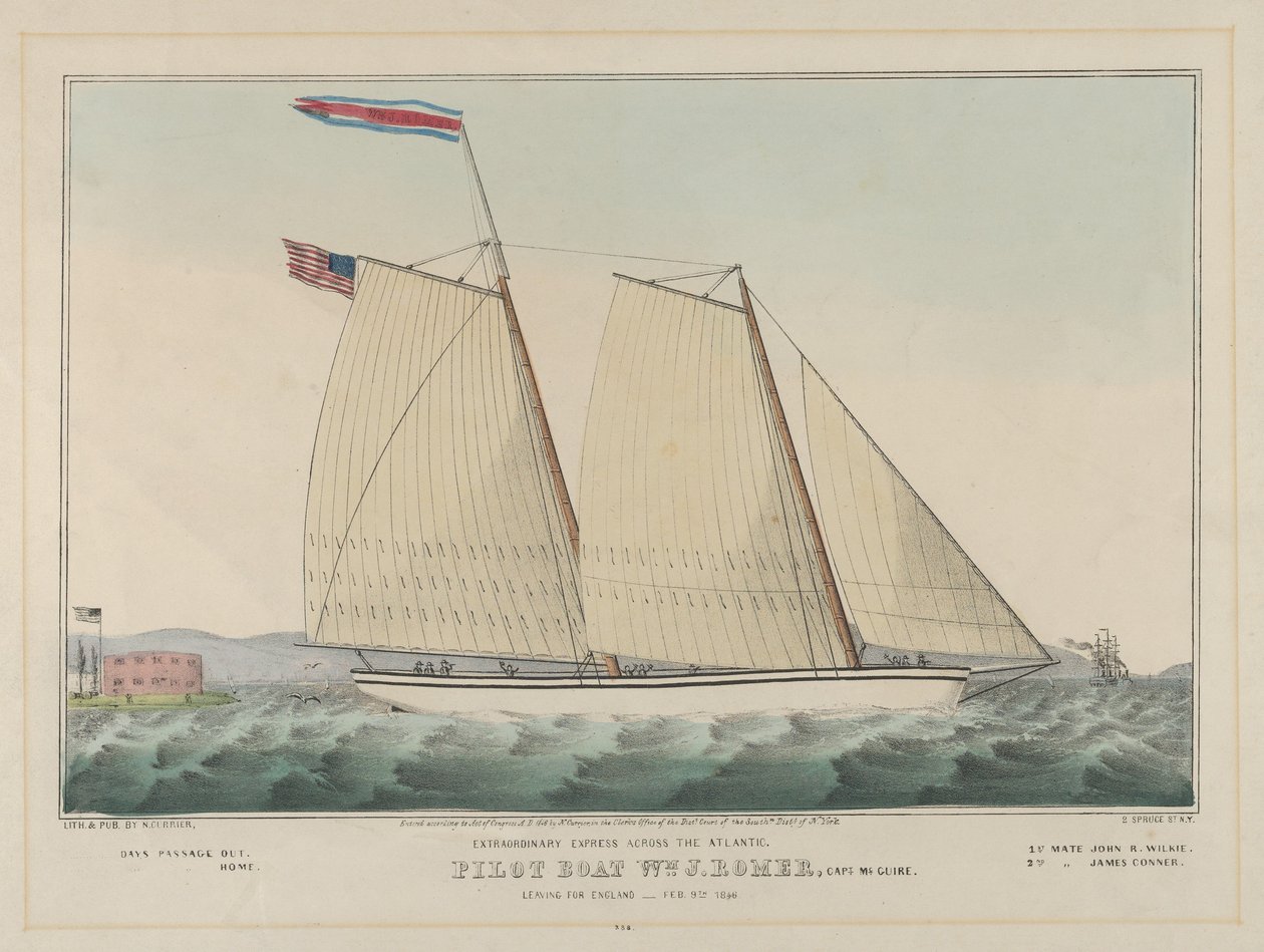 William J. Romer pilótahajó, McGuire kapitány, 1846. február 9-én indul Angliába (kézzel színezett litográfia) alkotó: Nathaniel Currier