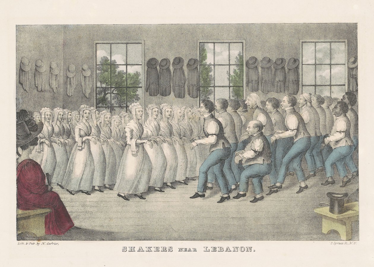 Shakers Libanon közelében, 1830 körül (kézzel színezett litográfia) alkotó: Nathaniel Currier