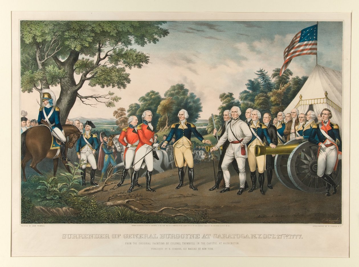 Burgoyne tábornok megadása Saratogában (New York), 1777. október 17. / Trumbull ezredes eredeti festménye alapján, amely a washingtoni Kapitóliumban található. Festette: John Trumbull alkotó: Nathaniel Currier