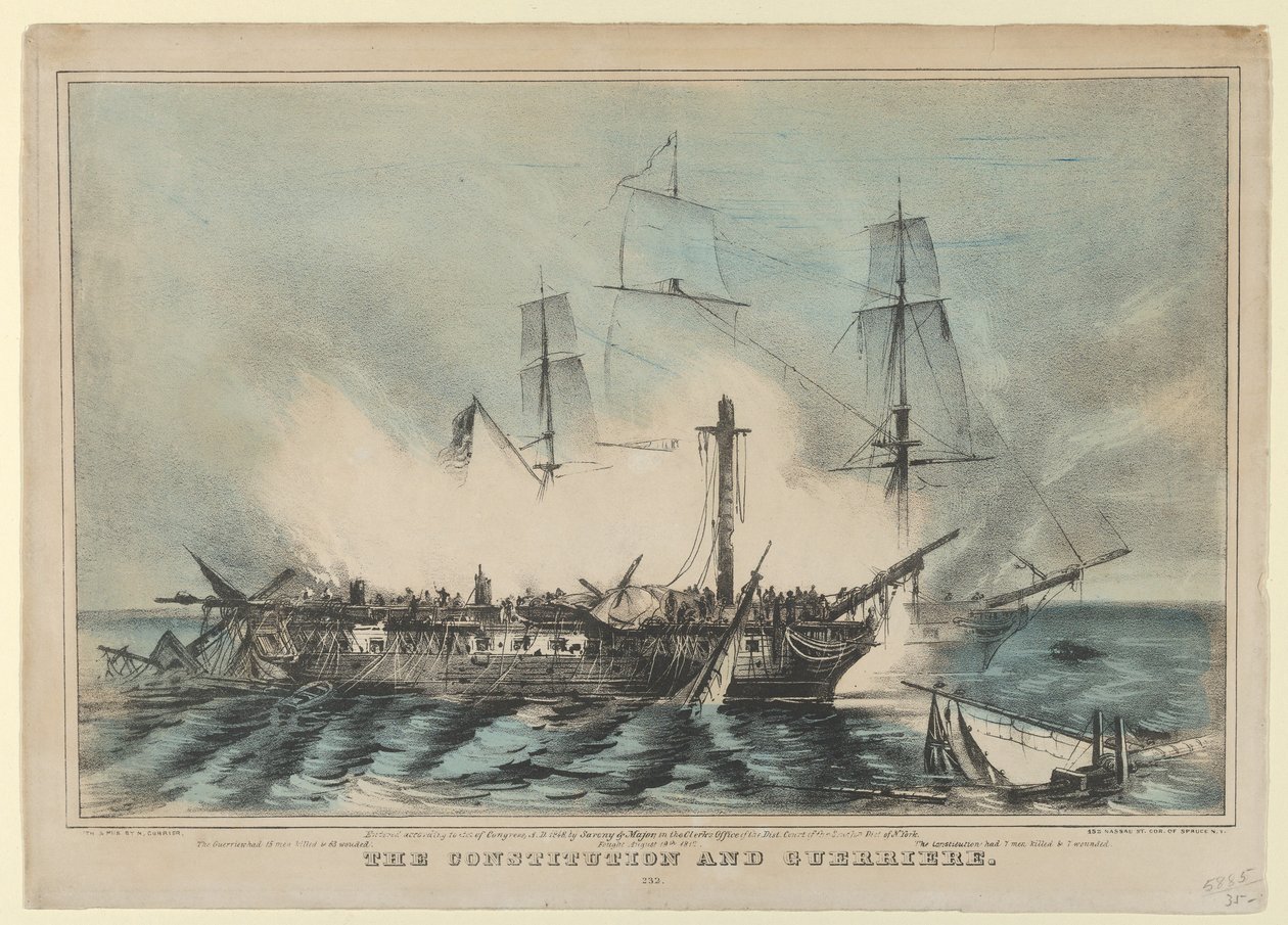 Az alkotmány és a Guerriere-harc 1812. augusztus 19. – A Guerriere 15 embert ölt meg..., 1848. alkotó: Nathaniel Currier