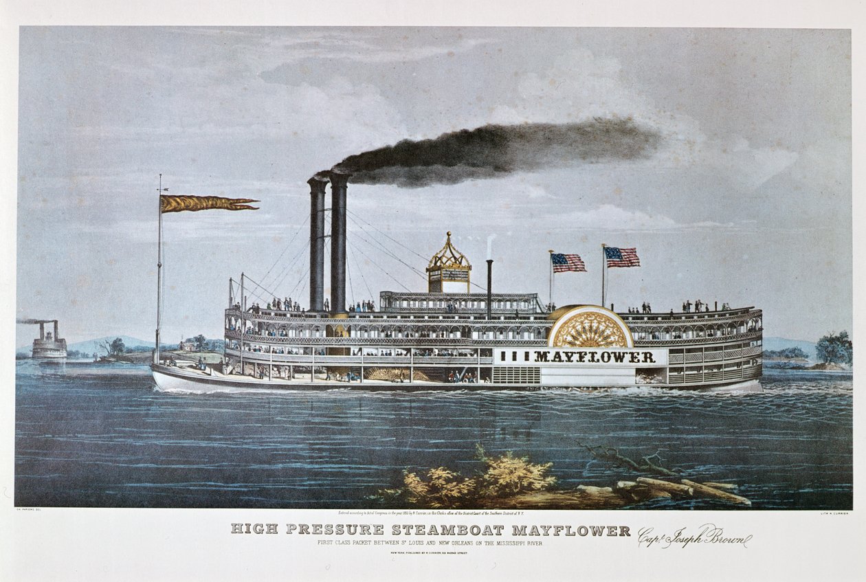 A „Mayflower” gőzhajó a Mississippin alkotó: Nathaniel Currier
