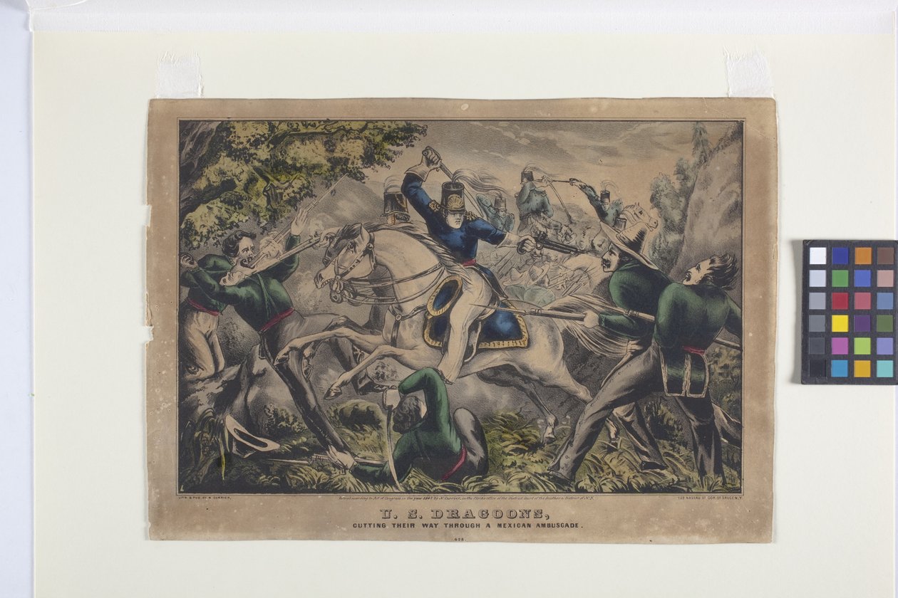U.S. dragoons, átvágva az utat egy mexikói ambuscae-n (kézzel színezett litográfia) alkotó: Nathaniel Currier
