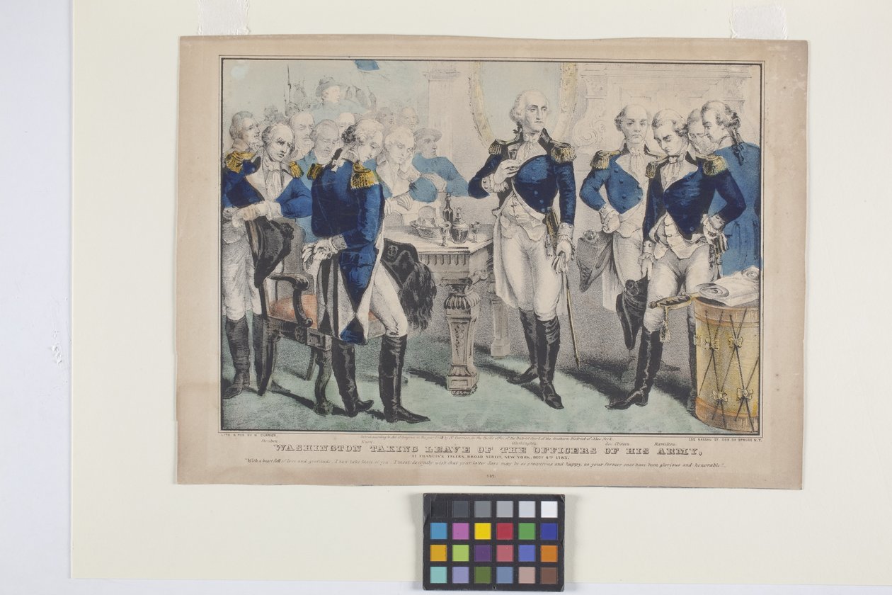 Washington távozik hadserege tisztjétől (kézzel színezett litográfia) alkotó: Nathaniel Currier