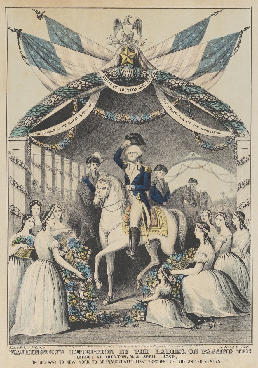 Washingtoni fogadás a hölgyek részéről a híd áthaladásakor Trentonban, N.J., 1789. április, 1845. alkotó: Nathaniel Currier