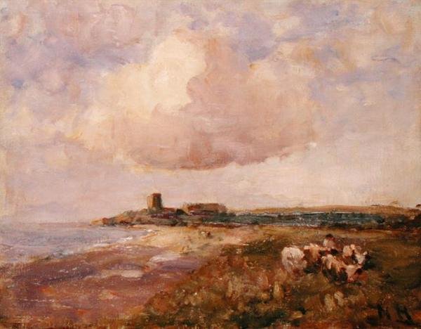 Ír tengerparti kilátás fiúval és szarvasmarhával (olaj, vászon) alkotó: Nathaniel Hone