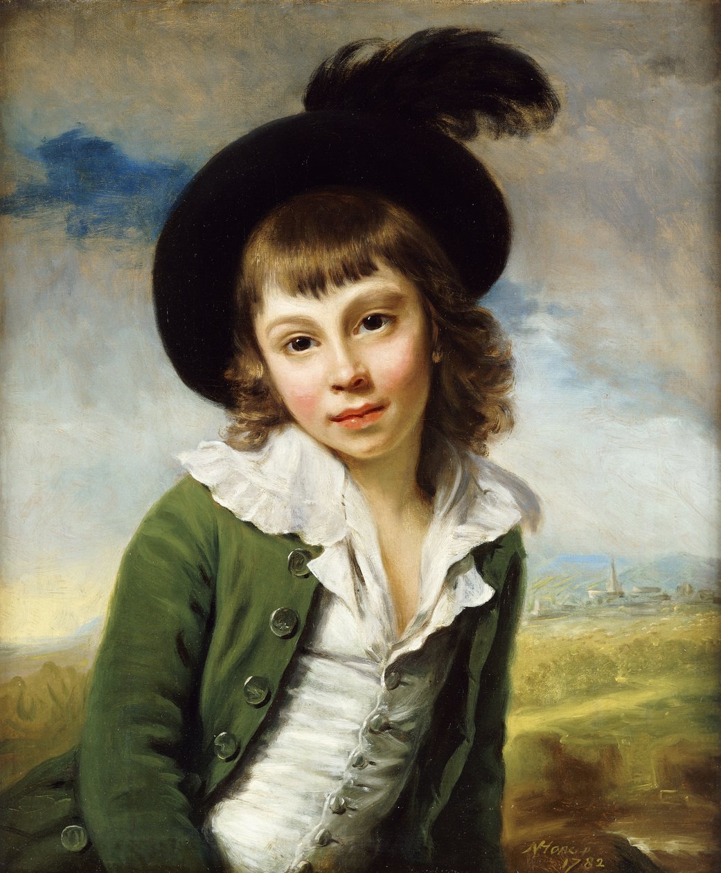 "A zöld fiú": Félhosszú fiú portréja, zöld kabátban és fekete kalapban, tollas tollal, 1782 alkotó: Nathaniel Hone
