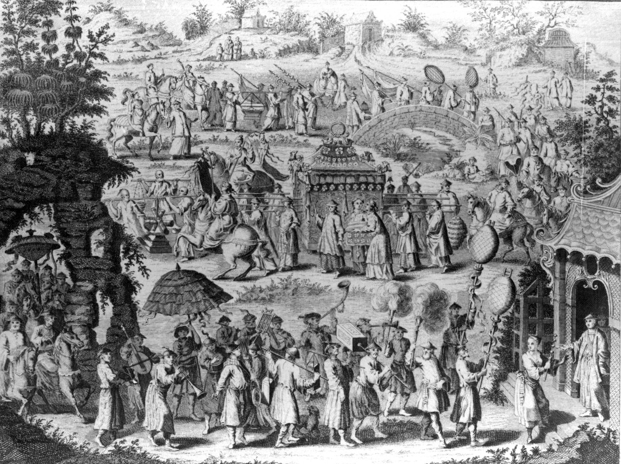 Menyasszony menete hazamenő férjéhez, illusztráció az „Utazások és utazások új általános gyűjteményéből”, John Green, 1747 alkotó: Nathaniel Parr