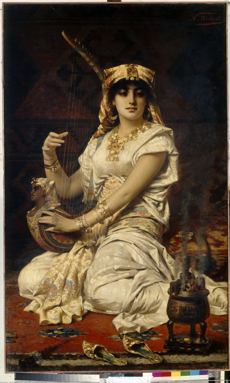 Almee (Almee). Egy gyönyörű, tanult és művelt nő portréja, zenél, egyiptomi jelmezbe öltözött. Nathaniel Sichel (1843-1907) festménye, olaj, vászon alkotó: Nathaniel Sichel