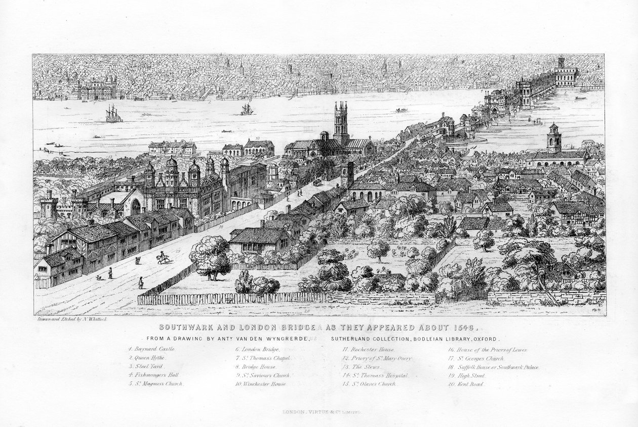 Southwark és London Bridge, ahogyan 1546 körül megjelentek, 1860 körül. alkotó: Nathaniel Whittock