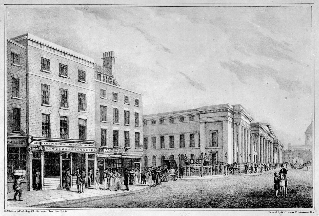 Kilátás az Aldersgate Street és a St Martin-le-Grand mentén a Szent Pál-székesegyházig, 1830 körül alkotó: Nathaniel Whittock