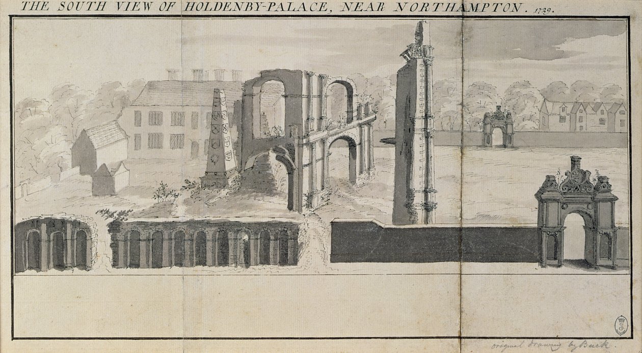 A Holdenby-ház és romjai déli nézete 1729-ben alkotó: Nathaniel and Samuel Buck