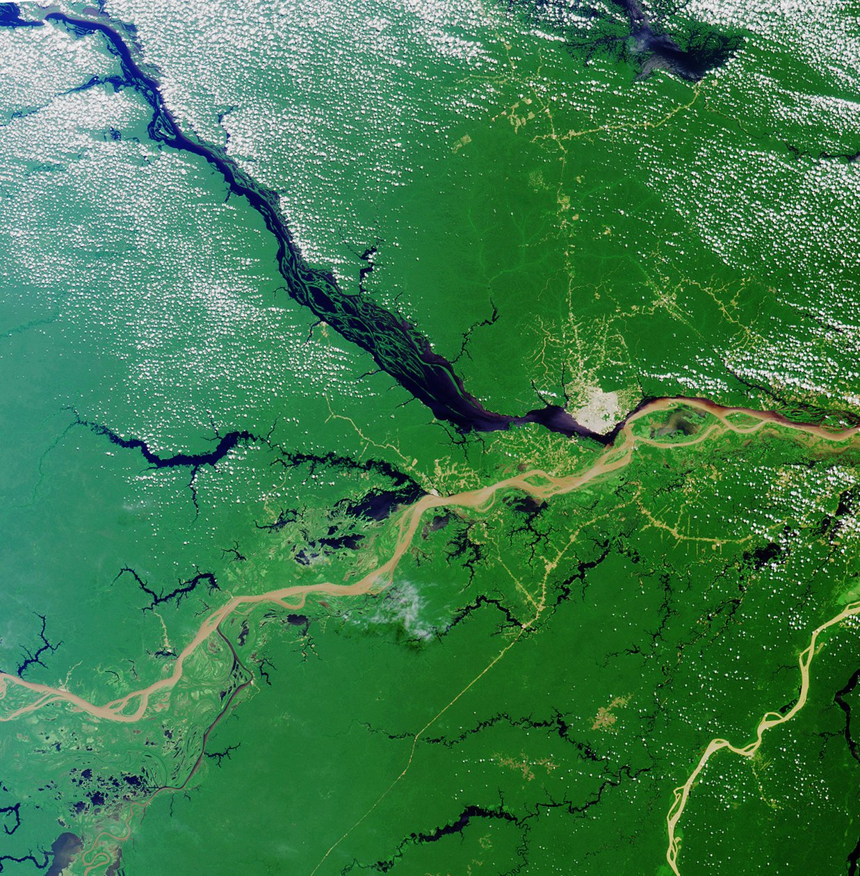 A Rio Solimoes és a Rio Negro konvergenciája a brazíliai Manaushoz közel, és létrejön az Amazonas folyó, a Föld legnagyobb folyója. Műholdkép, 2000. július 23. Köszönetnyilvánítás: NASA. Földrajz alkotó: National Aeronautics and Space Administration National Aeronautics and Space Administration