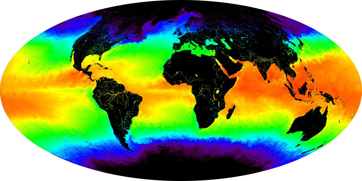 A kép jóvoltából: MODIS Ocean Group, NASA GSFC és a Miami Egyetem: a tenger felszíni hőmérséklete hamis színű képen látható. egy hónapos összetett 2001 májusára. A piros és a sárga meleget jelez alkotó: National Aeronautics and Space Administration National Aeronautics and Space Administration