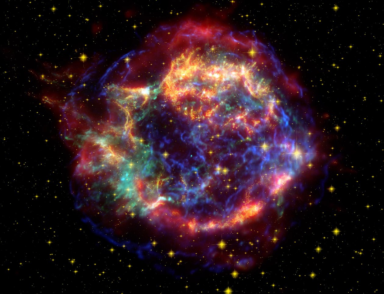 A Cassiopeia A szupernóva-maradvány hamis színű képe a Cassiopeia csillagképben, 10 000 fényévre. Ez egy szupernóva-robbanásban meghalt egykor hatalmas csillag maradványa. Köszönet a NASA-nak. Sci alkotó: National Aeronautics and Space Administration National Aeronautics and Space Administration