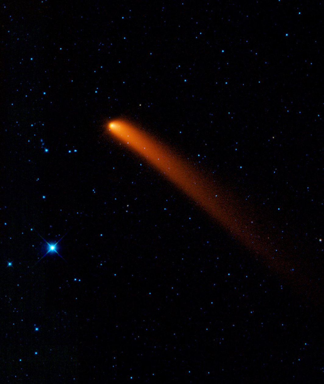 Infravörös felvétel a Siding Spring üstökösről (C2007 Q3), amelyet 2007-ben fedeztek fel megfigyelők Ausztráliában. Köszönet a NASA-nak. Tudomány Csillagászat alkotó: National Aeronautics and Space Administration National Aeronautics and Space Administration