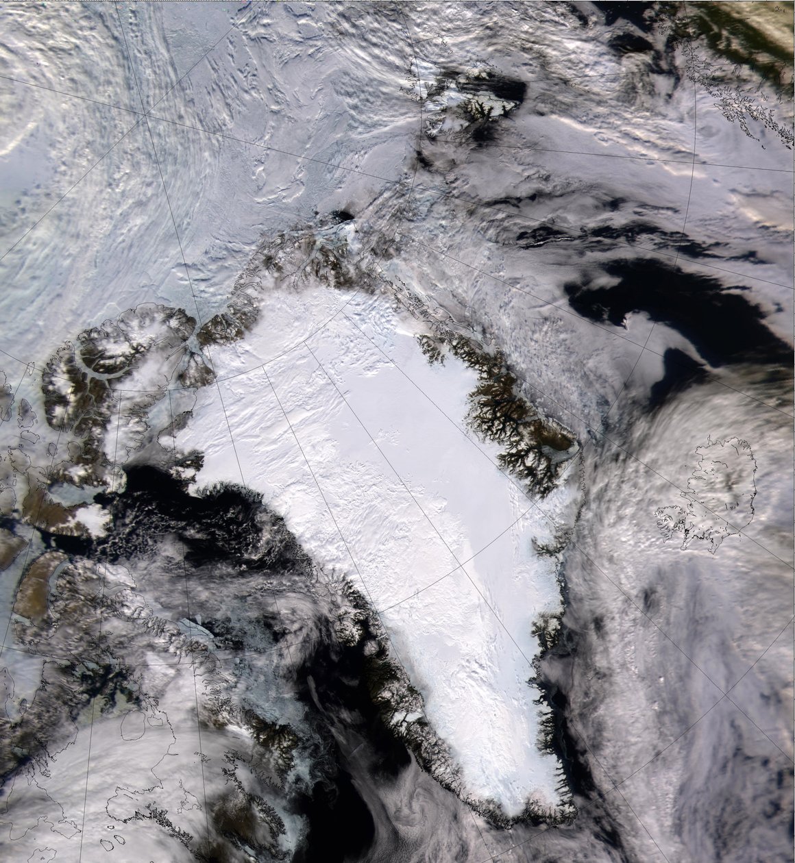 Műholdfelvétel egy hóval és jéggel borított Grönlandról 2000-ben. Köszönet a NASA-nak. alkotó: National Aeronautics and Space Administration National Aeronautics and Space Administration