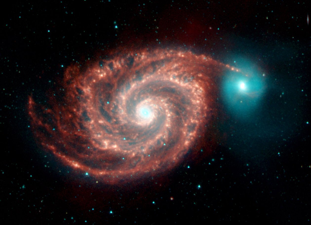 A Spitzer űrteleszkóp infravörös képe a Whirlpool Galaxyról. Különös szerkezetek hidalják át a réseket a porban gazdag spirálkarok között, és megmutatják a por-, gáz- és csillagpopulációkat a fényes spirálgalaxisban. Kr alkotó: National Aeronautics and Space Administration National Aeronautics and Space Administration