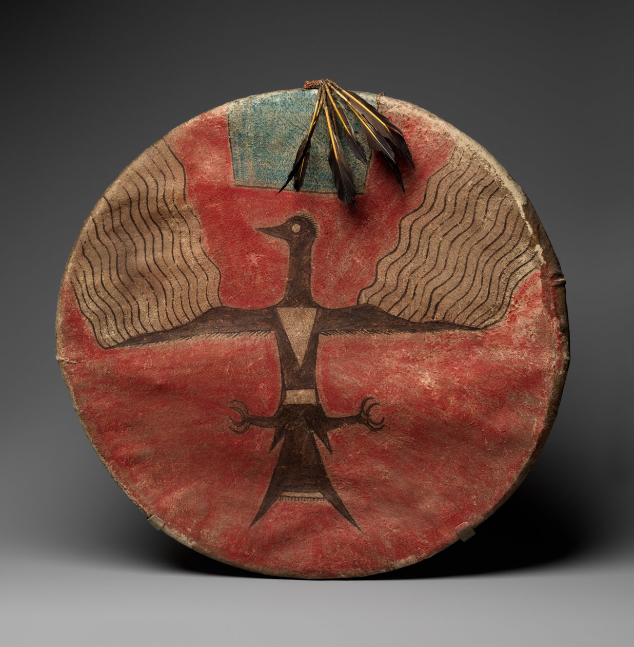 Pajzs, 1885 körül (cserzett bőr, pigment, fa és toll) alkotó: Native American