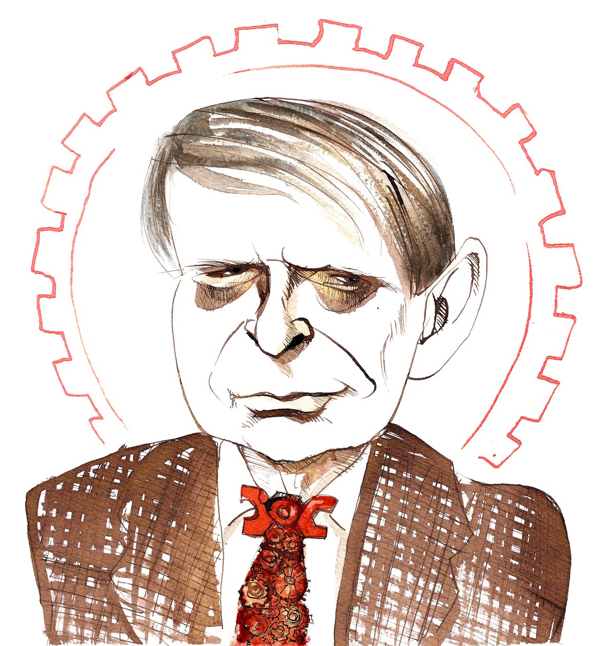 Anthony Burgess angol regényíró, kritikus, költő, drámaíró, műfordító és zeneszerző; karikírozott óraszerkezetes narancssárga nyakkendővel, A Clockwork Orange (1962) AB című novellájára hivatkozva: 1917. február 25. alkotó: Neale Osborne