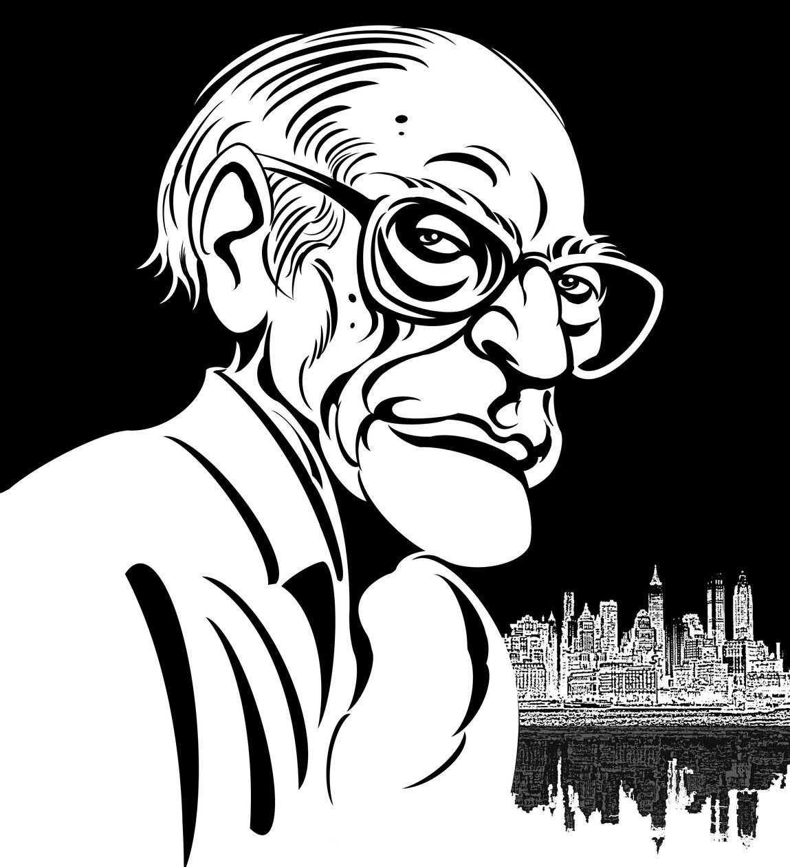 Arthur Miller, amerikai drámaíró (1915-2005); fekete-fehér karikatúra alkotó: Neale Osborne