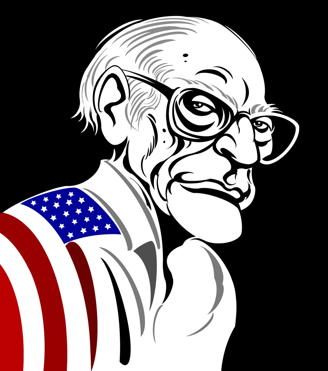 Arthur Miller, amerikai drámaíró (1915-2005); fekete-fehér - színes karikatúra, amerikai zászlóval terítve alkotó: Neale Osborne