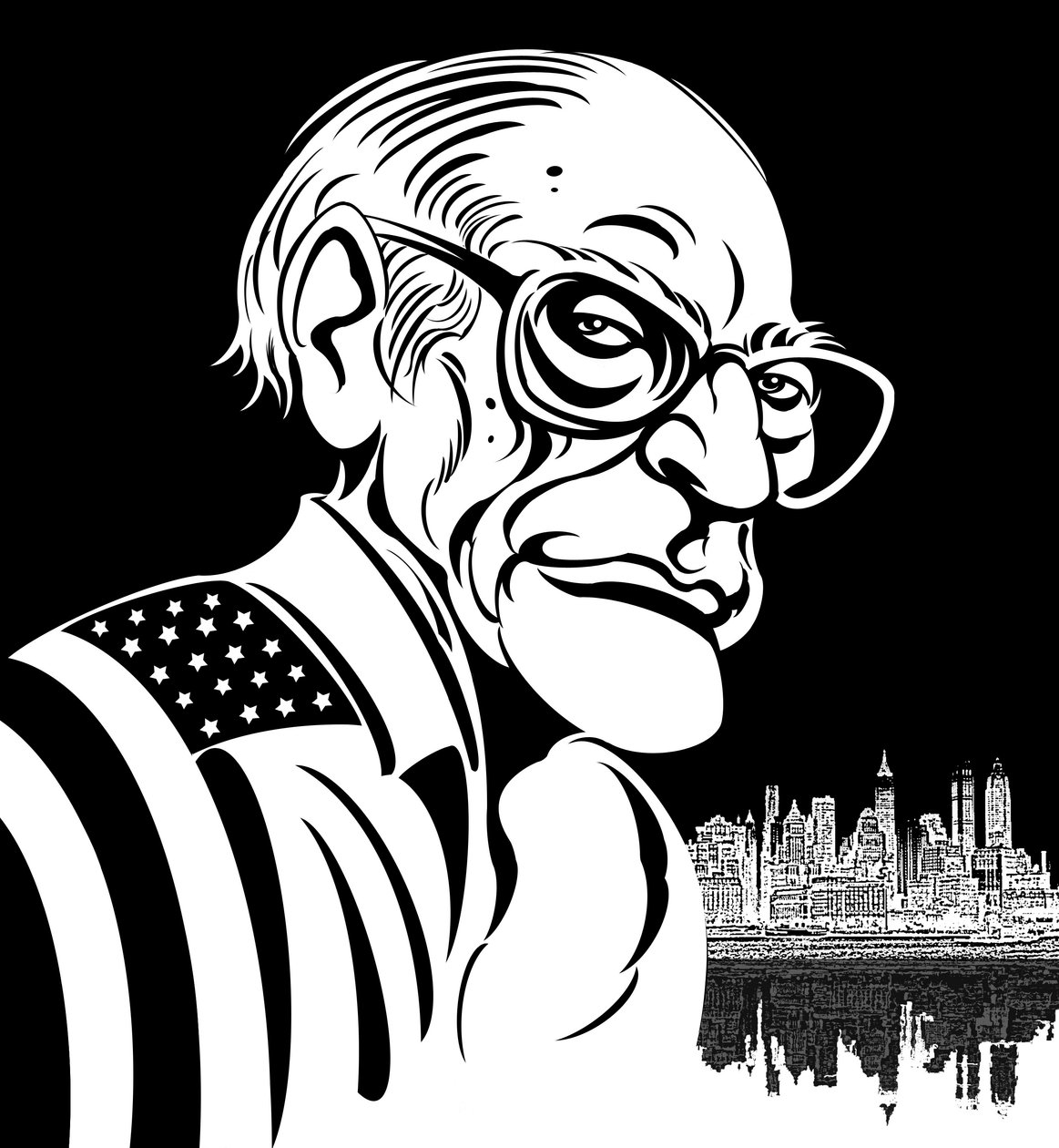 Arthur Miller, amerikai drámaíró (1915-2005); fekete-fehér karikatúra, amerikai zászlóval terítve alkotó: Neale Osborne