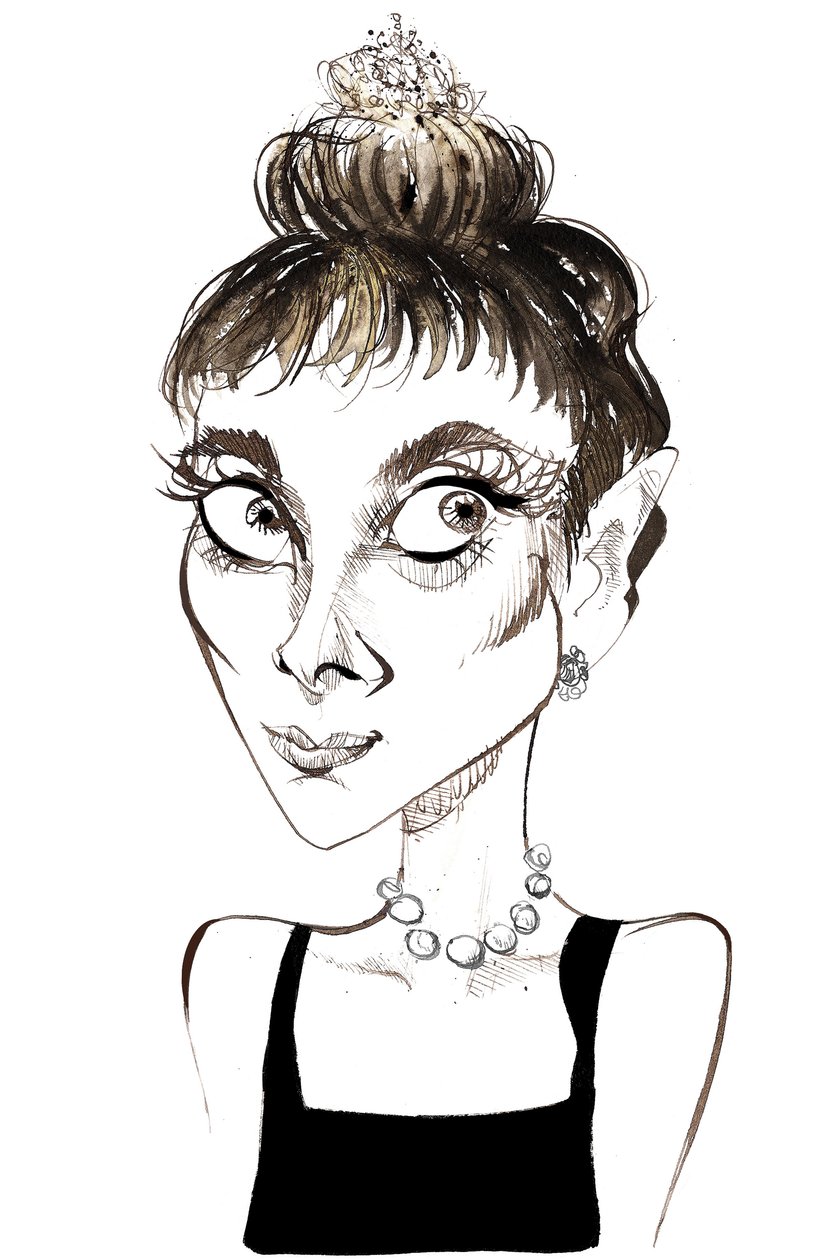 Audrey Hepburn (1929-1993) belga születésű színésznő, színes karikatúra Holly Golightly szerepében az 1961-es Reggeli Tiffanysban című filmből (rendező: Blake Edwards) alkotó: Neale Osborne