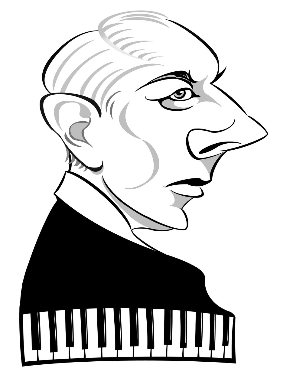 Bartók Béla - magyar zeneszerző és zongoraművész (1881-1945); fekete-fehér karikatúra. alkotó: Neale Osborne