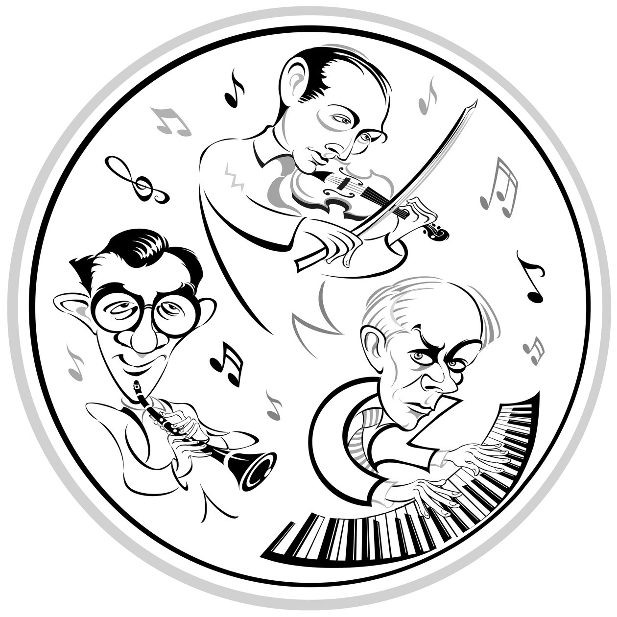 Bartók Béla zongorázik, Benny Goodman (1909-86) amerikai klarinétművész és Szigeti József (1892-1973) magyar hegedűművész, az a trió, aki 1940-ben készítette a Contrasts - kamarapite premier felvételét. alkotó: Neale Osborne