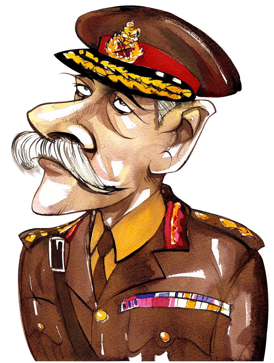 brit Field Marshall, Bernersyde első grófja, Haig (1861-1928); színes karikatúra katonai egyenruhában alkotó: Neale Osborne