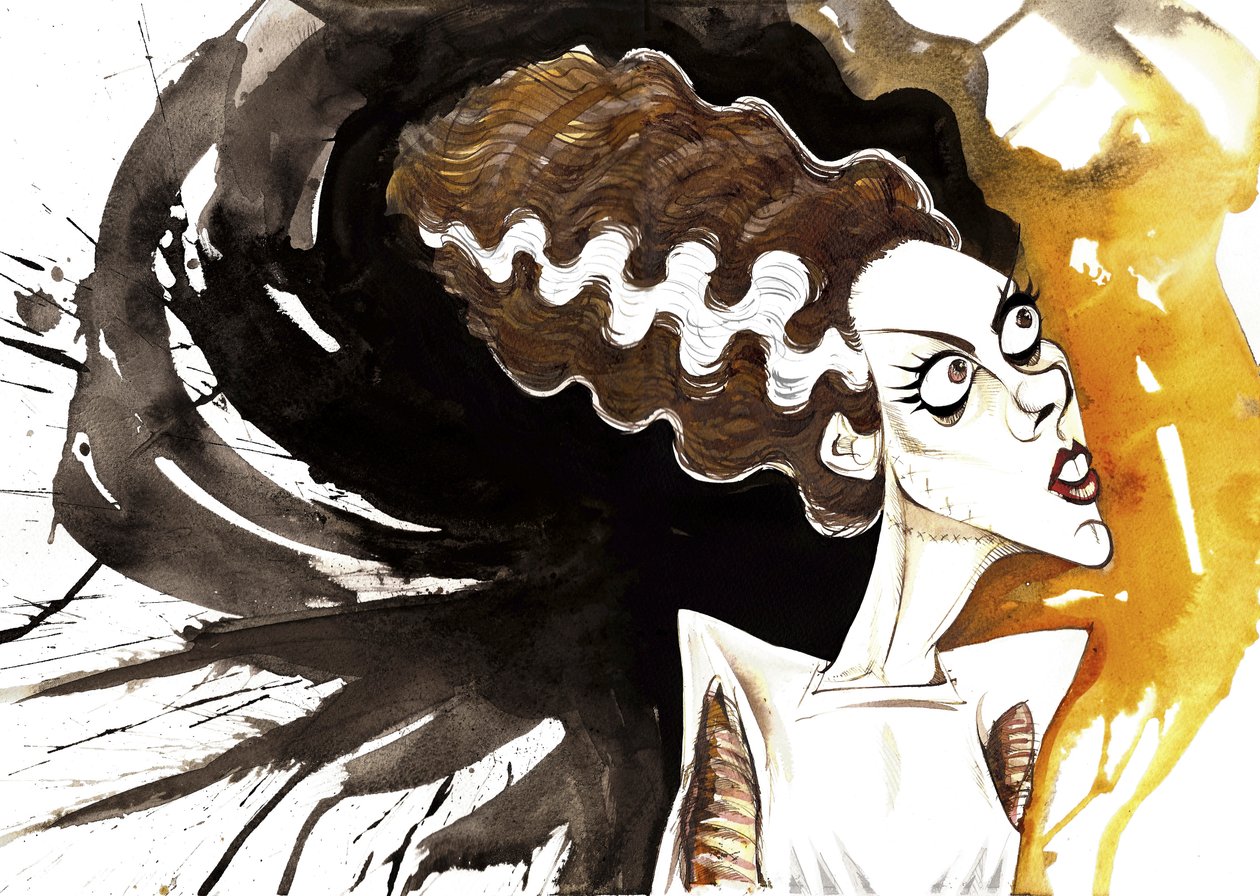 Elsa Lanchester, angol színésznő (1902-1986); A menyasszony karikatúrája az 1935-ös Frankenstein menyasszony című filmből, James Whale (angol színész és rendező, 1889-1957) rendezésében. alkotó: Neale Osborne