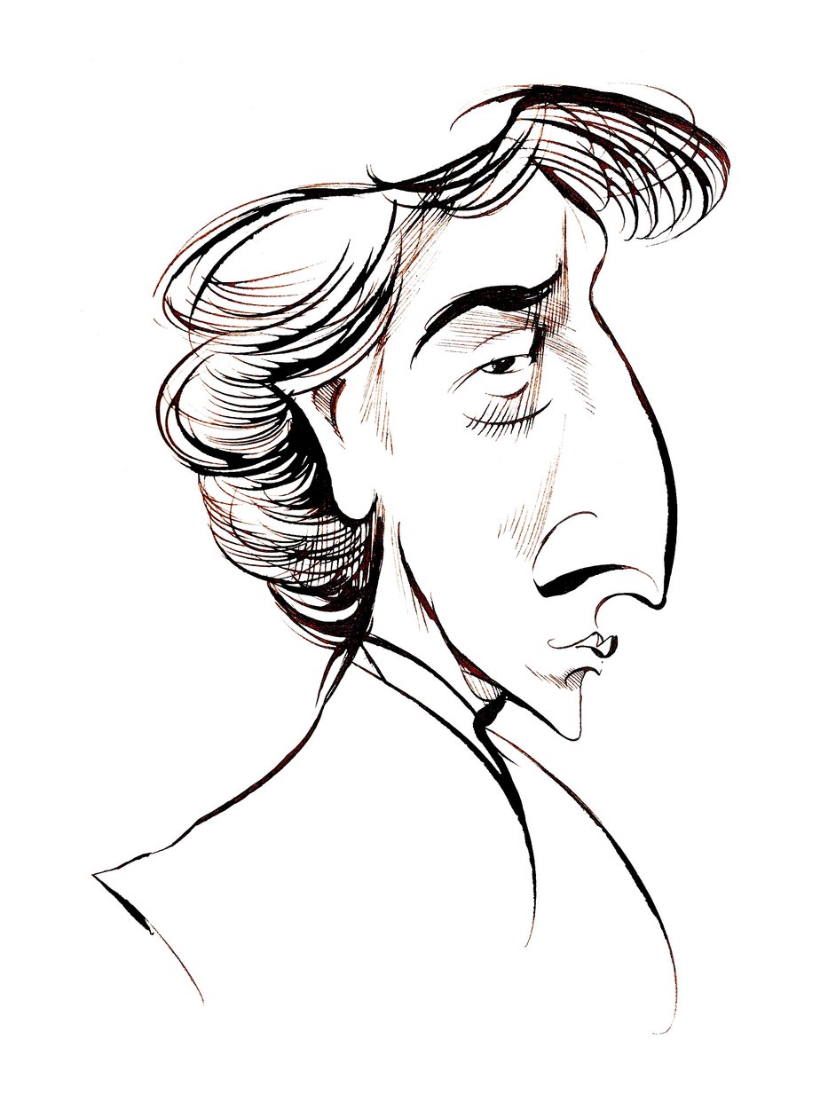 Frederic Chopin, francia - lengyel származású zeneszerző és zongoraművész szépiavonalas karikatúra alkotó: Neale Osborne