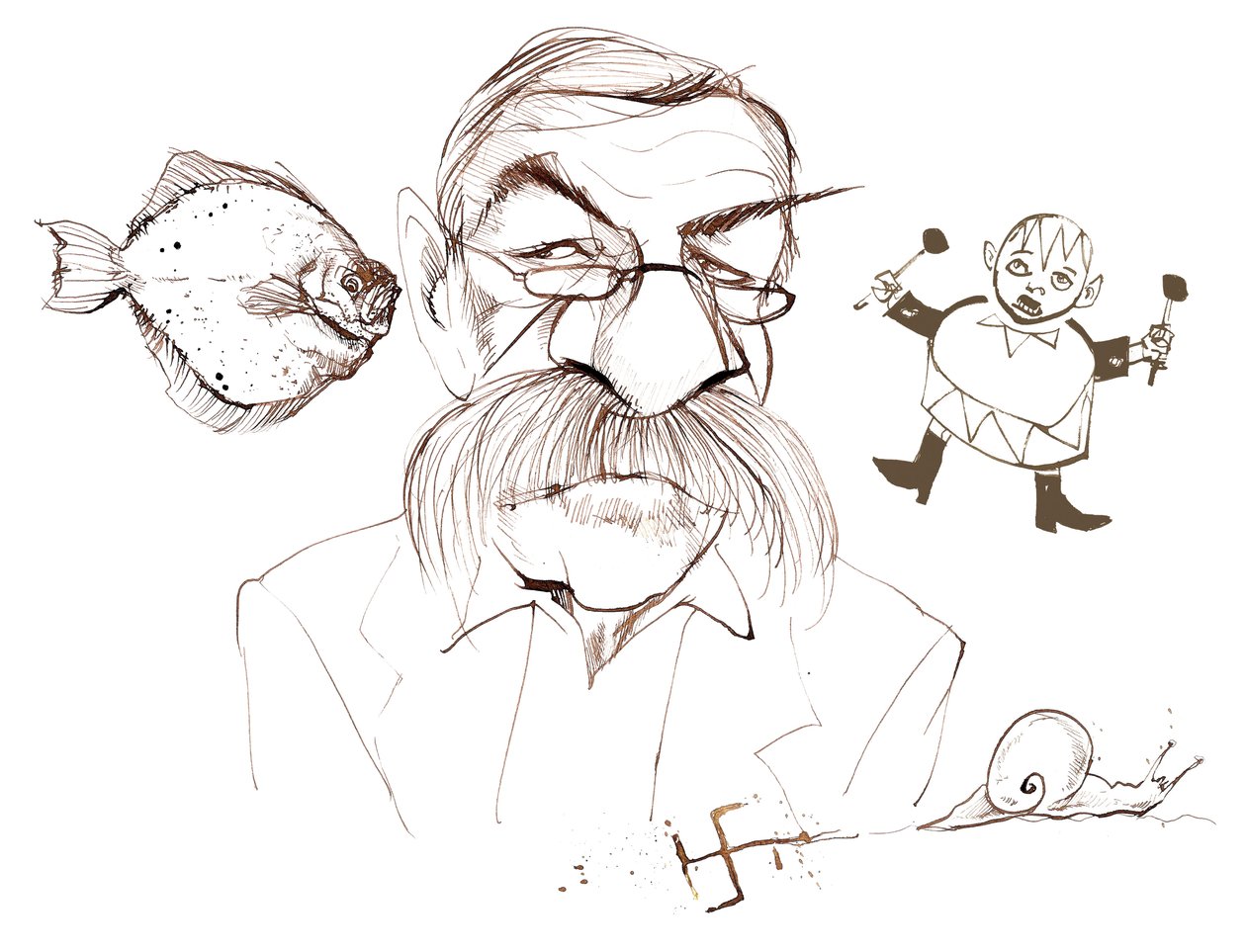 Günter Grass német regényíró, költő, drámaíró és művész; könyveire való hivatkozásokkal karikatúrázva: A lepényhal - Der Butt (1977-es regény); Egy csiga naplójából - Aus dem Tagebuch einer Schneke ( alkotó: Neale Osborne