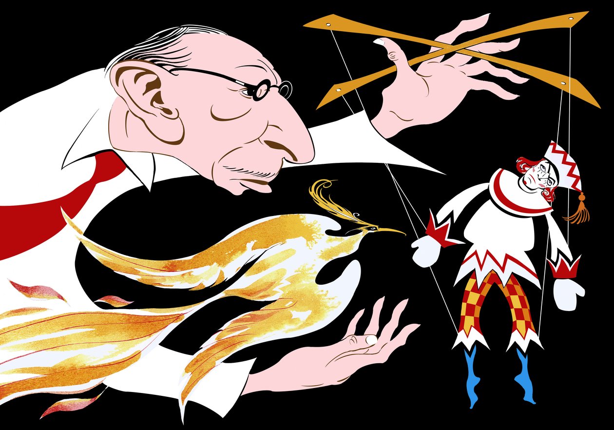 Igor Sztravinszkij – karikatúra az orosz tűzmadárral és Petruskháról a Tűzmadár című balettjéből 1882. június 17. – 1971. április 6. alkotó: Neale Osborne