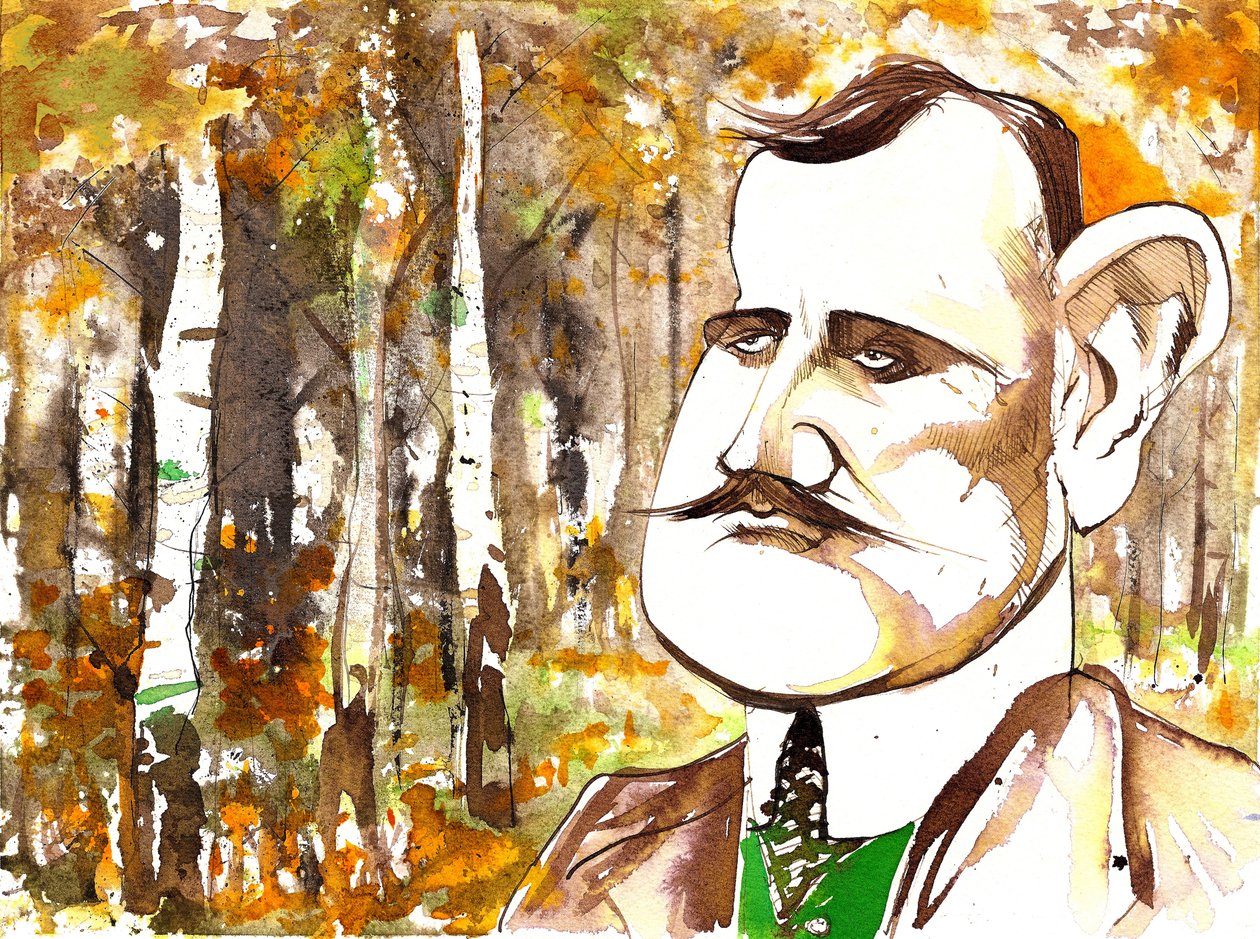 Jean Sibelius, fiatalabb férfiként karikírozva alkotó: Neale Osborne