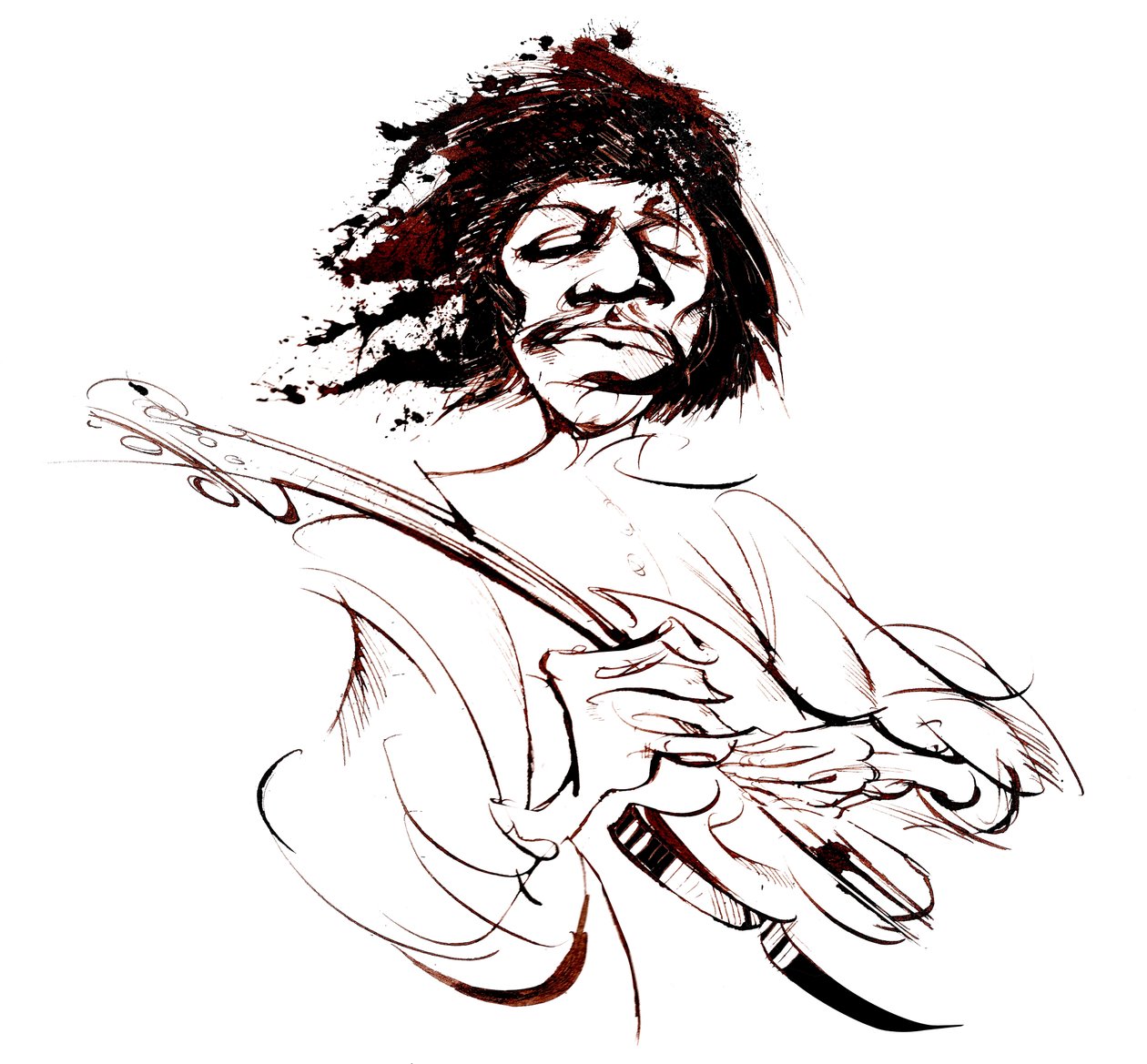 Jimi Hendrix amerikai gitáros (1942-70), szépia vonalas karikatúra alkotó: Neale Osborne