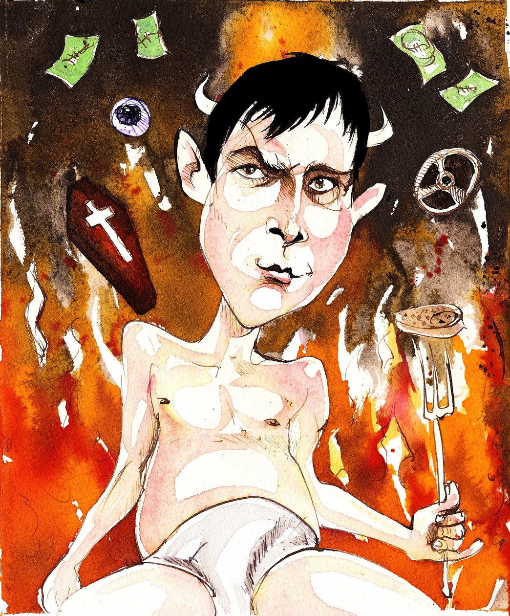 Joe Orton angol író és drámaíró; karikatúra az Entertaining Mr Sloane (1964) és a Loot (1965) című darabjaira hivatkozva alkotó: Neale Osborne